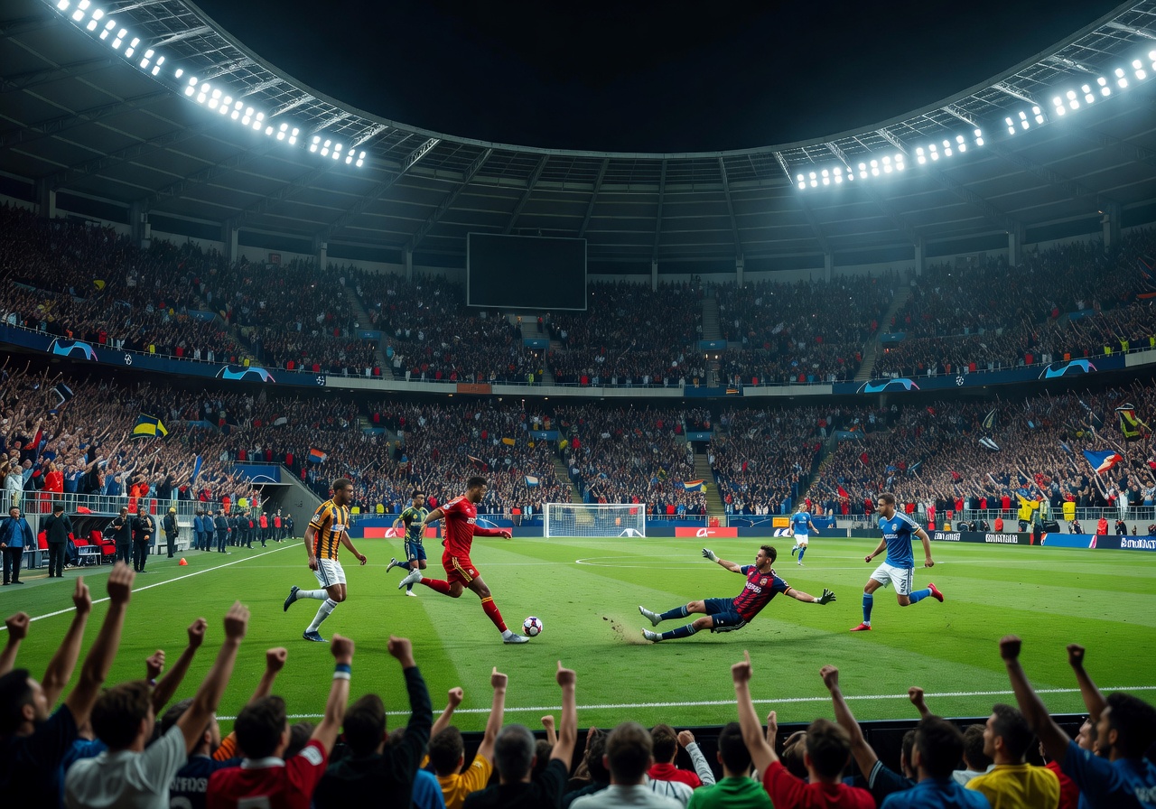 Champions League night match in a packed European stadium