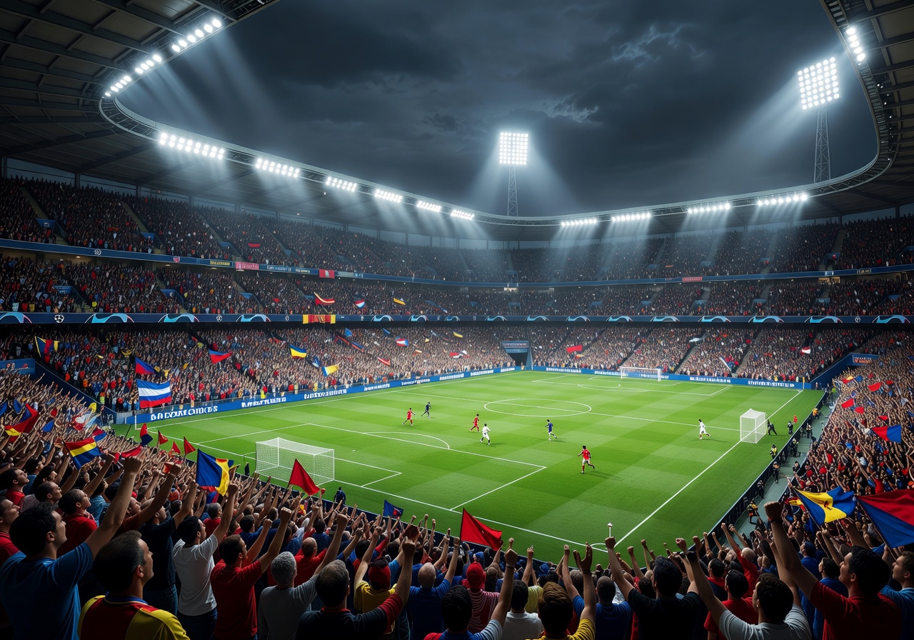 Champions League night with dramatic floodlights illuminating a packed European stadium