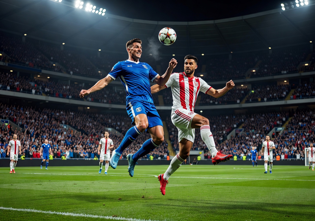 Intense football action during a knockout round match under bright stadium lights