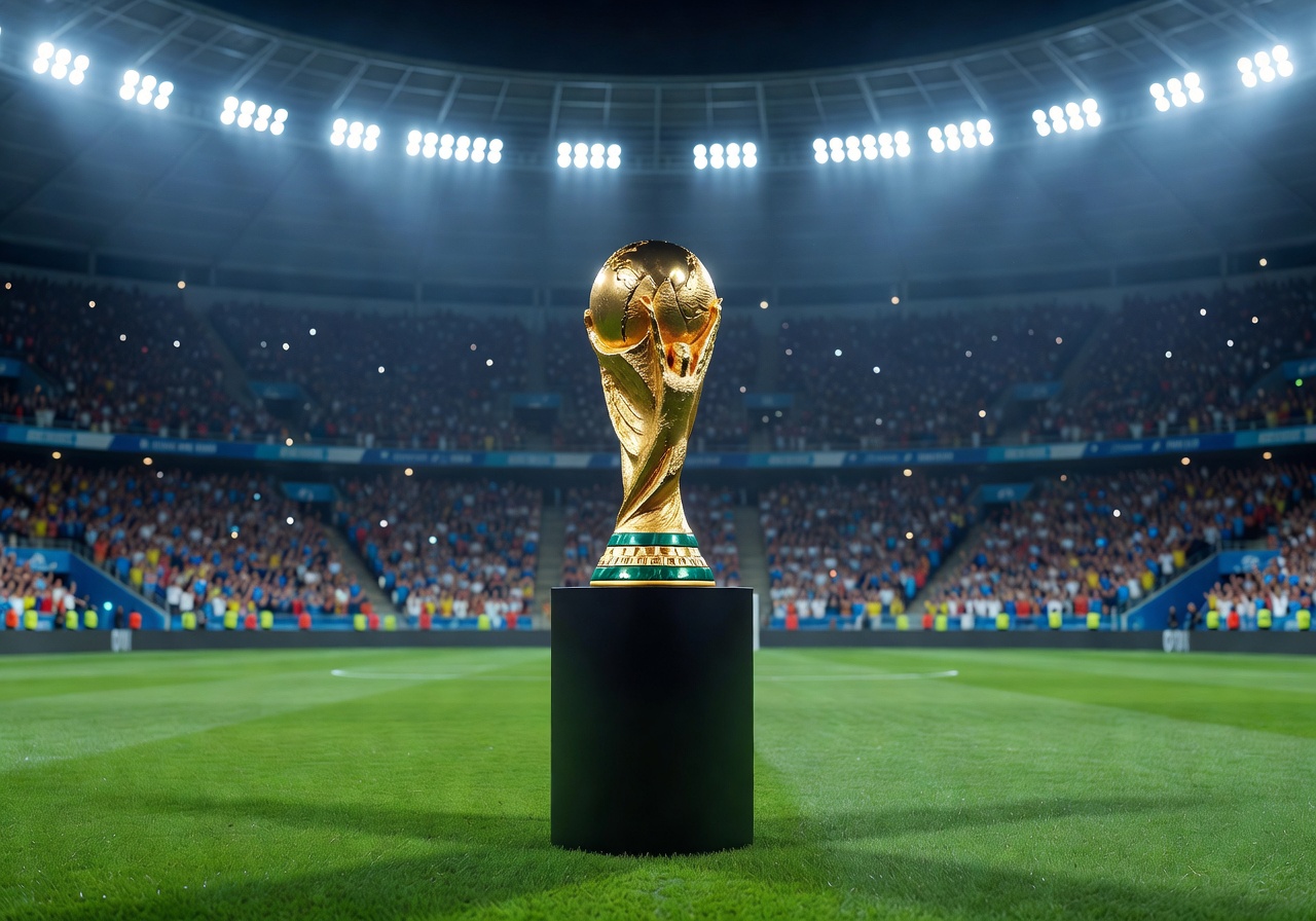 FIFA World Cup trophy gleaming under stadium lights