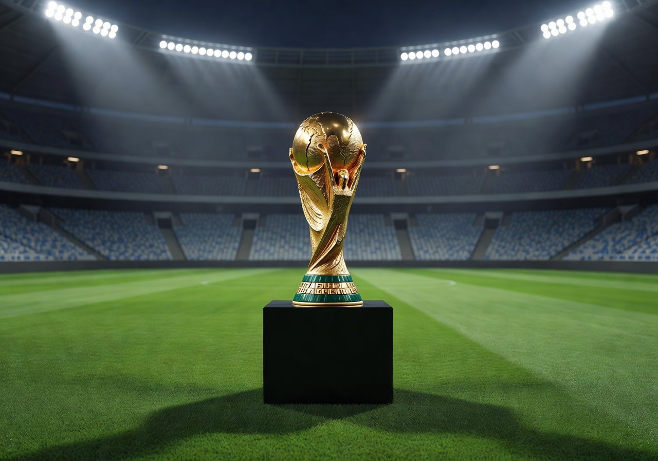 FIFA World Cup trophy on display in a stadium setting