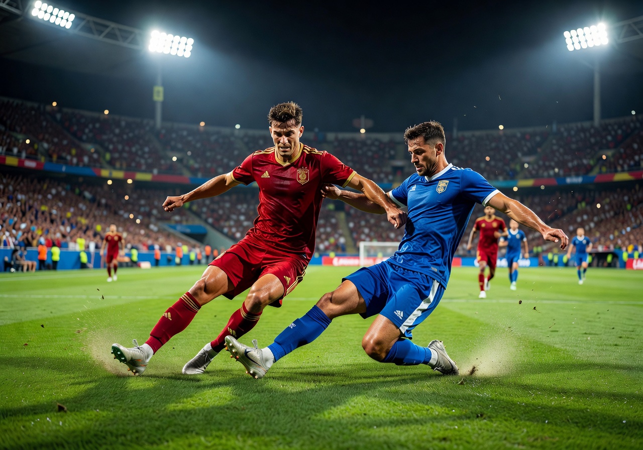 Football players battling for the ball during an intense World Cup knockout stage match under floodlights