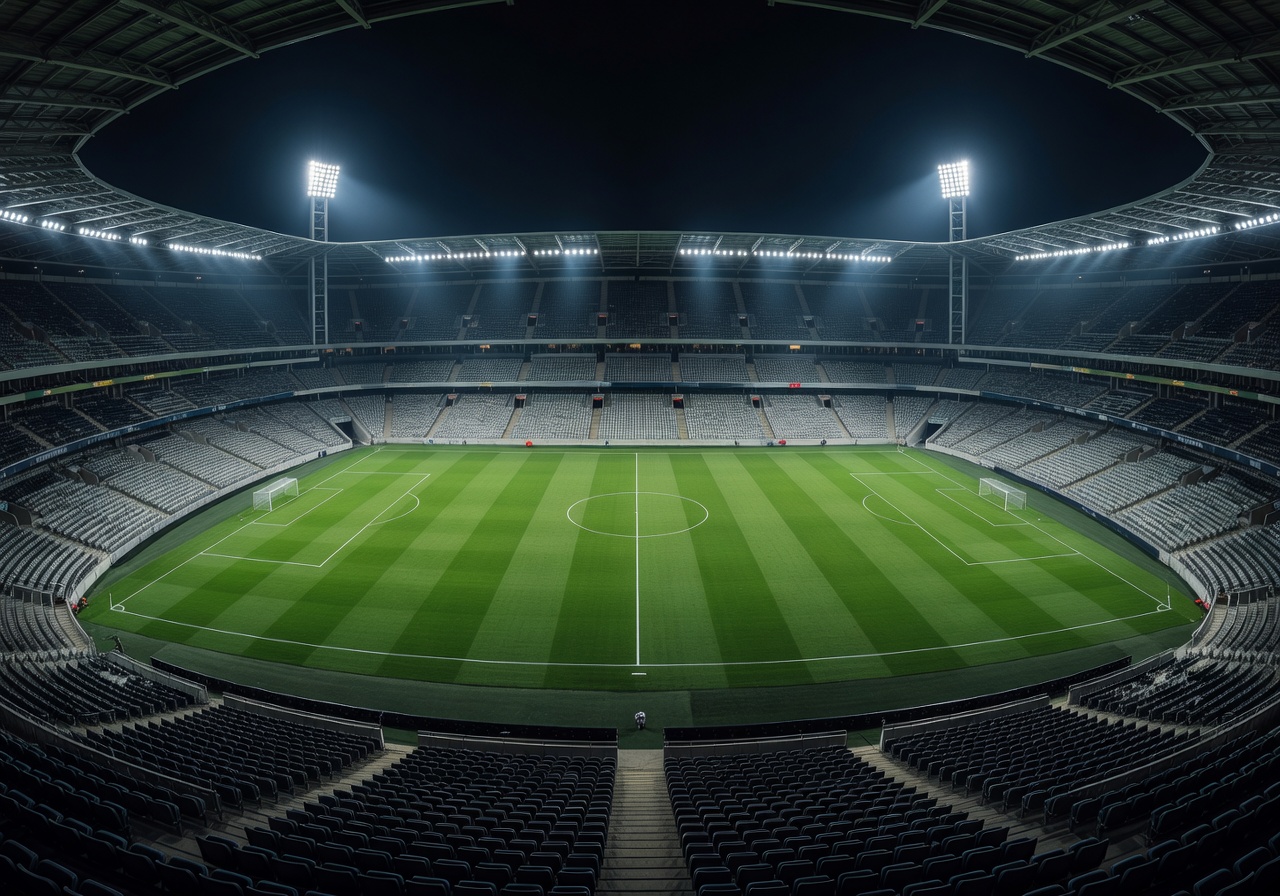 Football stadium panoramic view with green pitch and floodlights