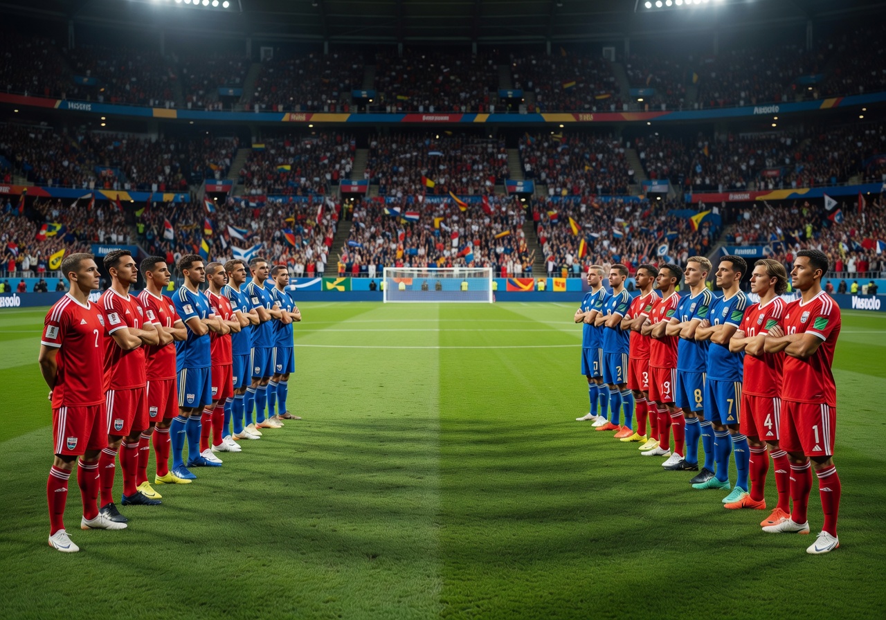 Football teams lined up on the pitch before a major tournament group match