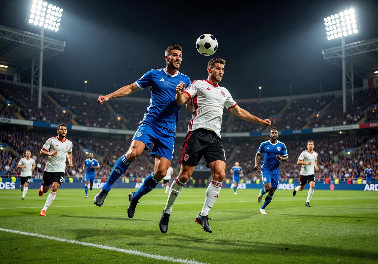 Intense knockout stage match with players competing under stadium lights