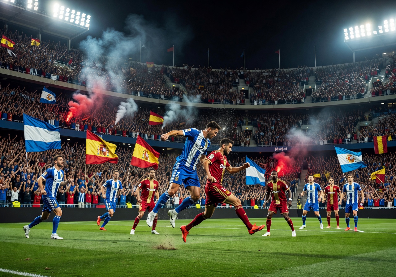 La Liga football match in a vibrant Spanish stadium with fans creating an electric atmosphere