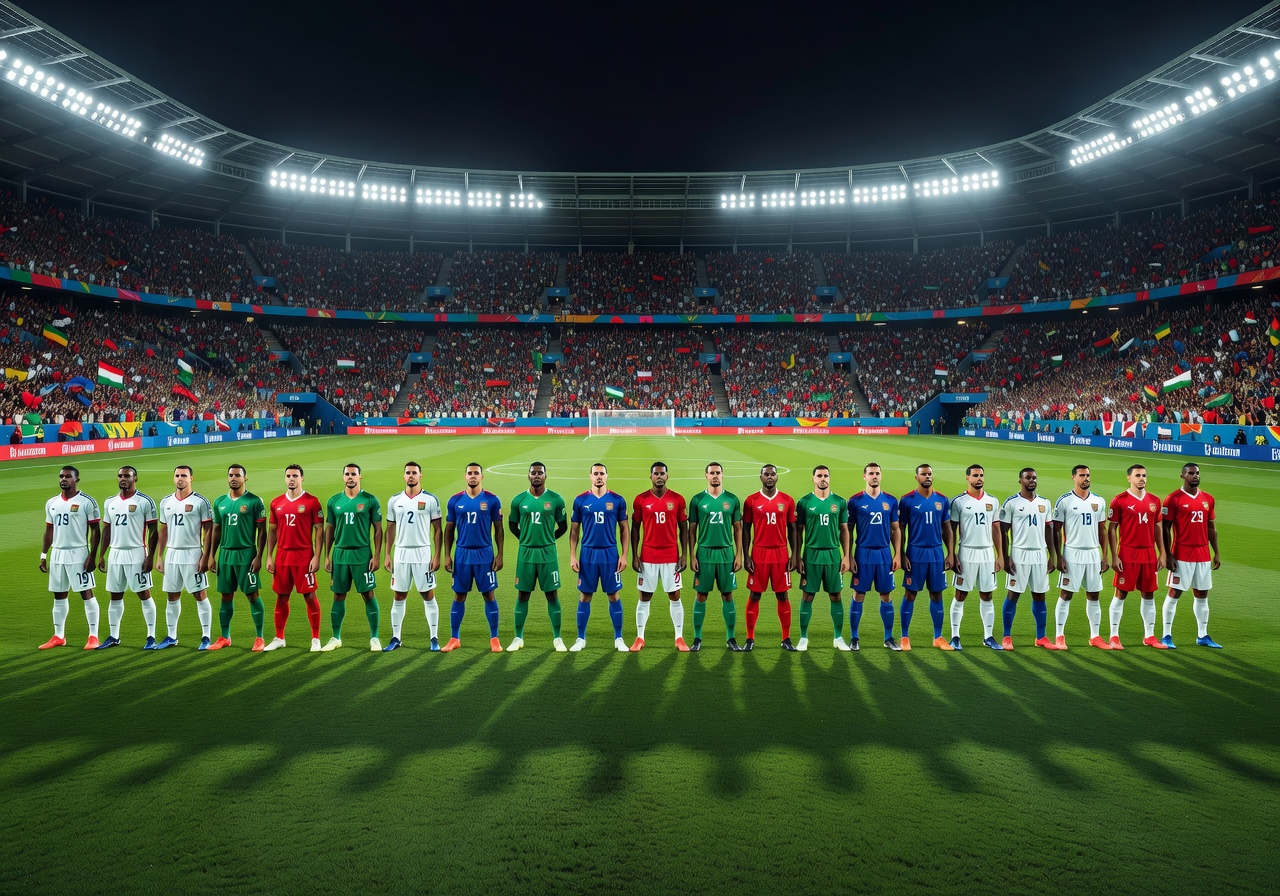 National football teams lined up on the pitch before a crucial group stage match at a major tournament