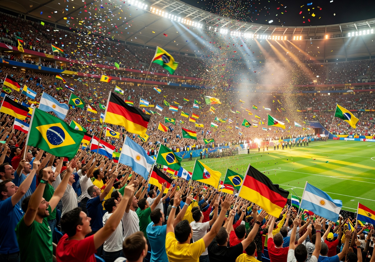 Packed World Cup stadium with thousands of fans celebrating and waving flags during an opening ceremony