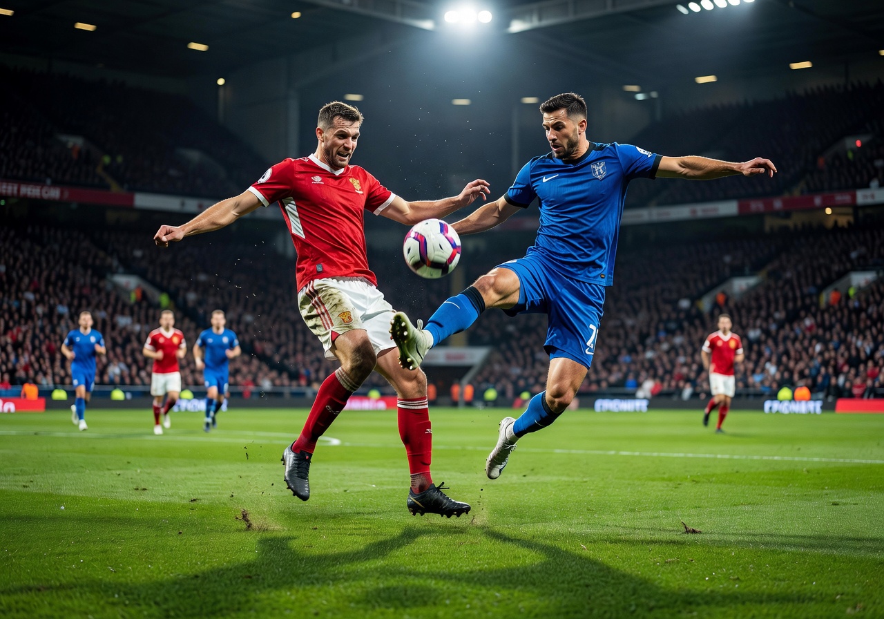 Premier League action with players competing for the ball on the pitch