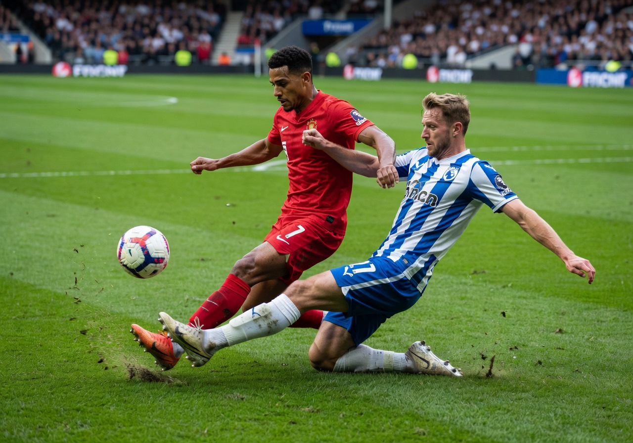 Premier League football action with players battling for possession on a lush green pitch