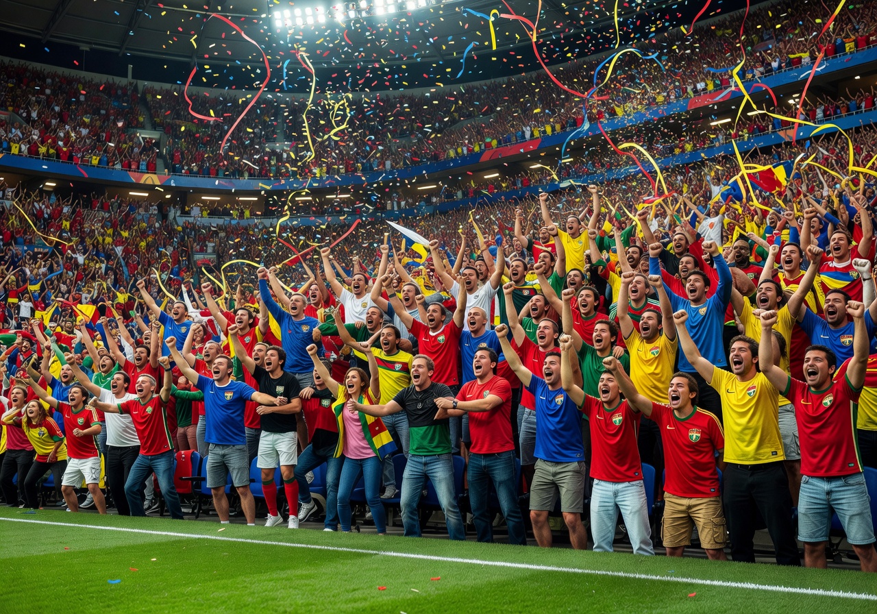 World Cup stadium filled with fans celebrating a goal during the tournament