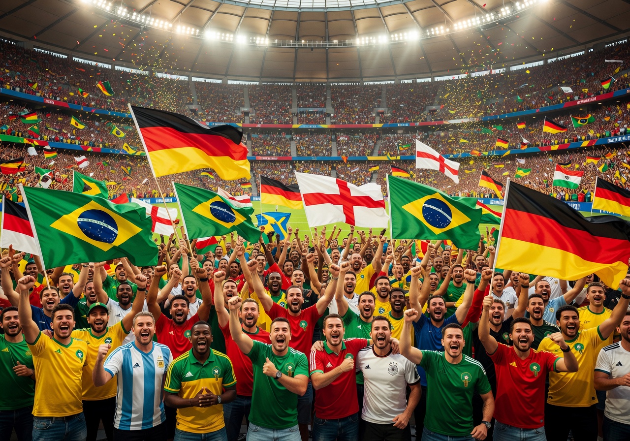 World Cup stadium with fans celebrating and waving flags
